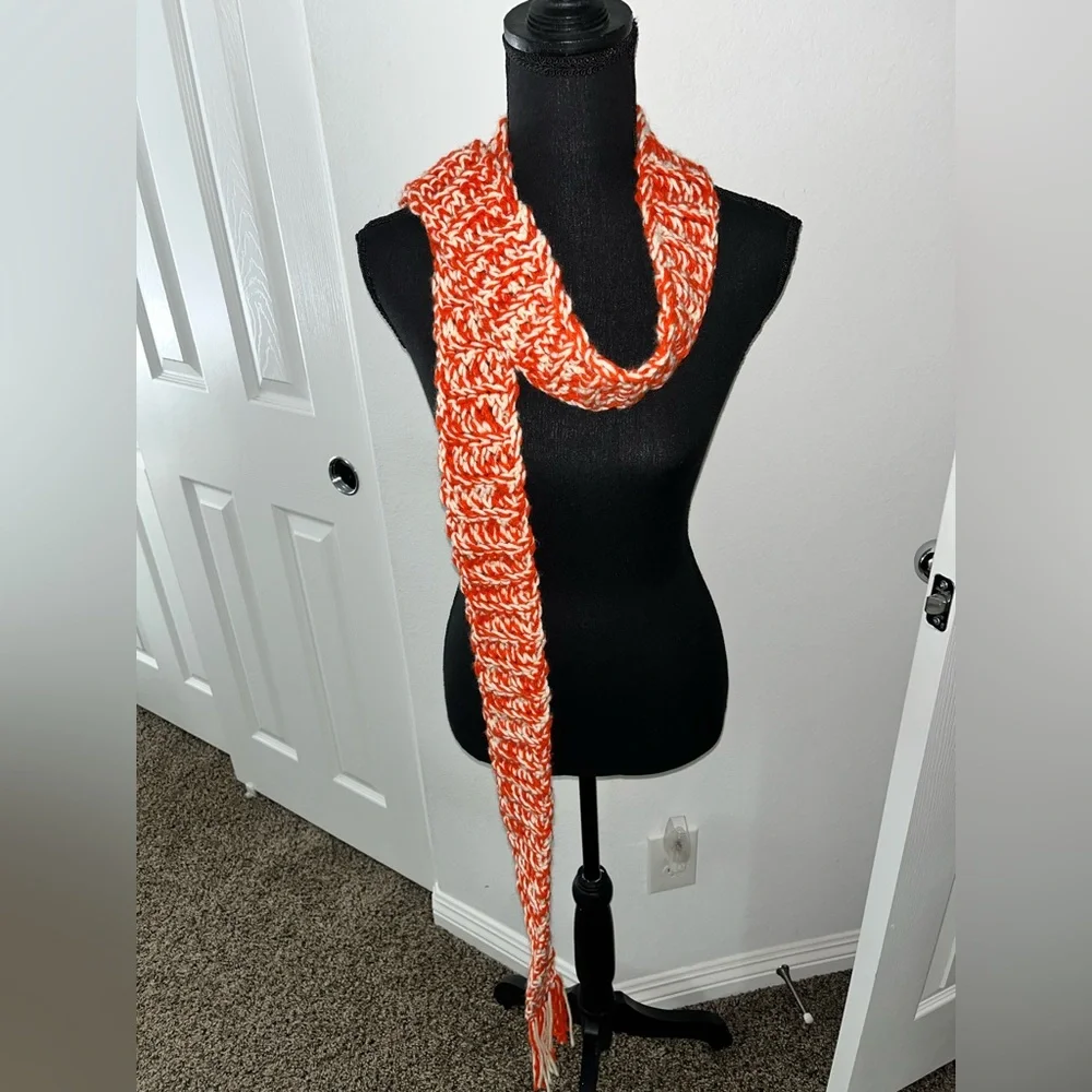 Handmade Orange & White Knit Scarf | Long Cozy Winter Scarf